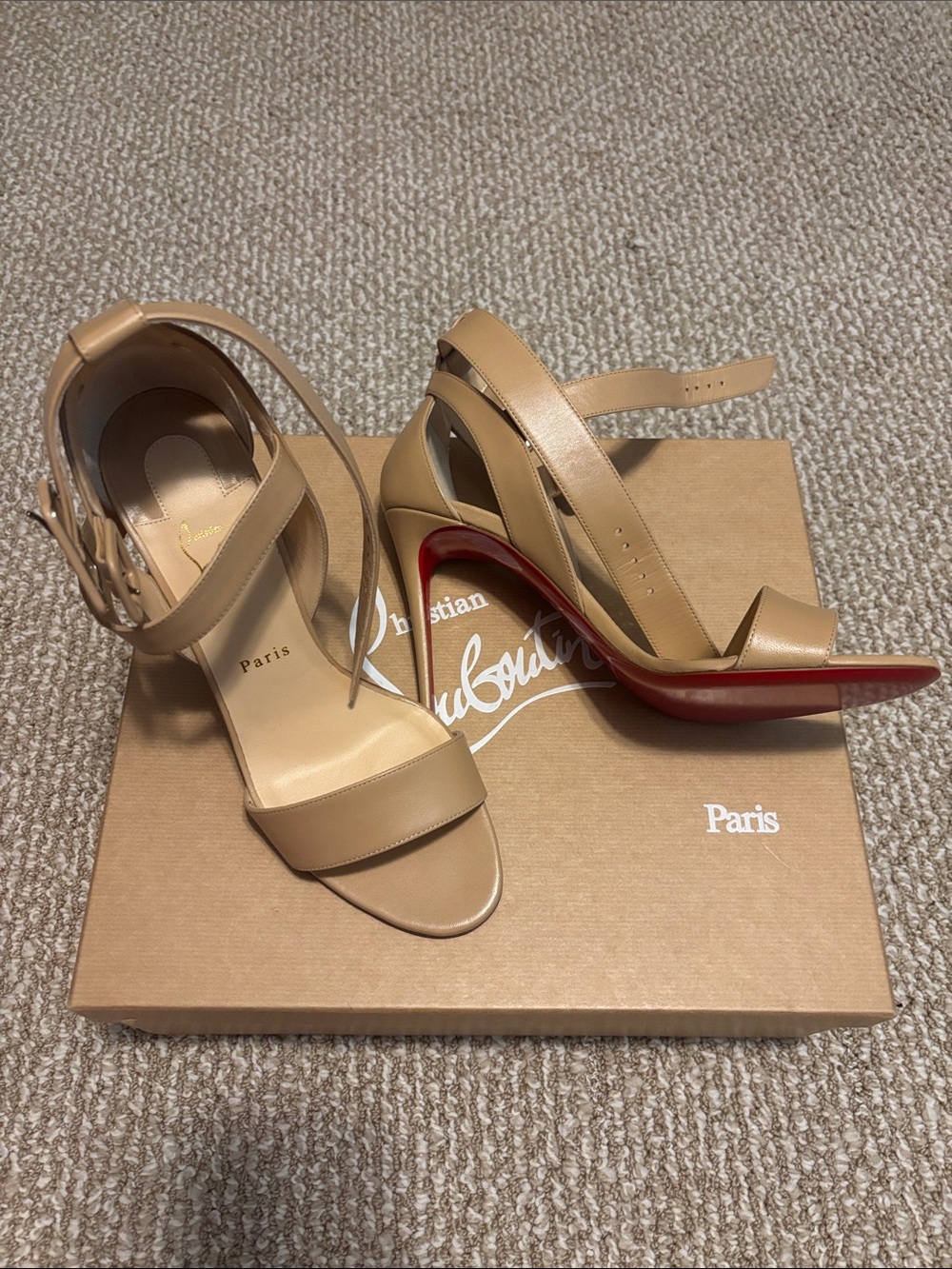 Christian Louboutin Beige Leather Ankle-Strap Heels with Red Sole